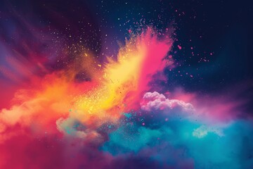 Colors of May, abstract background with powder in blue, yellow, orange, shocking pink, purple hues, and with copyspace for your text. May background banner for special or awareness day, week or month
