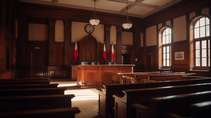 Trial Process in Polish court. Courtroom of the Poland. Justice in courthouse. Law and legal right. Lawyer in courtroom. Judges decide and punishment. Sale, Sold on auction. Violation of law. - obrazy, fototapety, plakaty