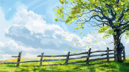 Rural spring landscape with a river and green meadows. Vector watercolor illustration