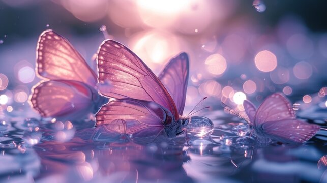 a group of pink butterflies floating on top of a body of water with drops of water in the foreground.