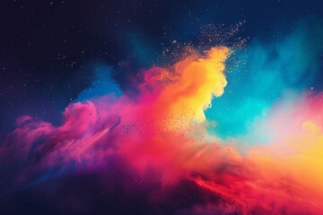 Fototapeta na wymiar Colors of May, abstract background with powder in blue, yellow, orange, shocking pink, purple hues, and with copyspace for your text. May background banner for special or awareness day, week or month