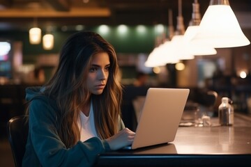 Young tired focused stressed teenager Caucasian girl female overworked woman college high school student preparing exam studying using laptop pc device notebook late evening indoor restaurant cafe bar - obrazy, fototapety, plakaty