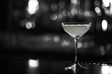 Black and white image of a cocktail in coupe glass with bar background. Classic elegance concept for bar and menu design