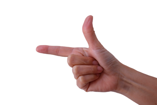 Person displaying various hand signs including OK and pointing gestures, isolated on white Businesswoman showcasing hand symbols and gestures with focus on fingers, thumb, and wrist