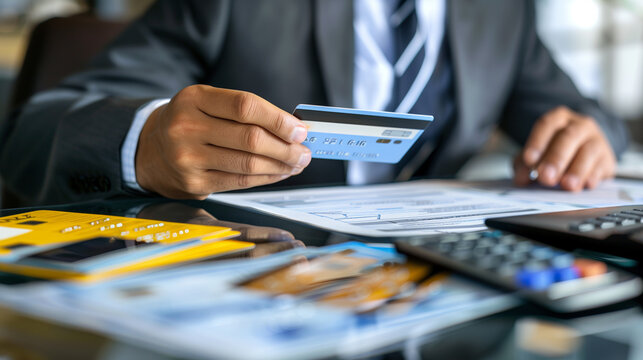businessman or an accountant calculating the credit card expenses, financial audit concept, businessman working in office 