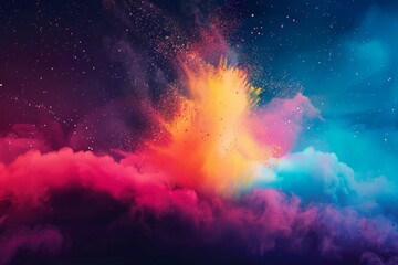 Colors of May, abstract background with powder in blue, yellow, orange, shocking pink, purple hues, and with copyspace for your text. May background banner for special or awareness day, week or month