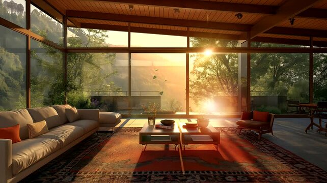 "A room with large windows on both the right and left sides, offering expansive views, seamless looping time-lapse animation video background by AI."