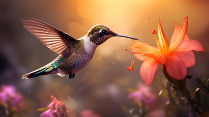 Naklejka premium Close-up of a hummingbird on a flower during a mild sunset. Nature, Landscape, Golden Hour, Summer, Animals, Birds, Wildlife concepts.