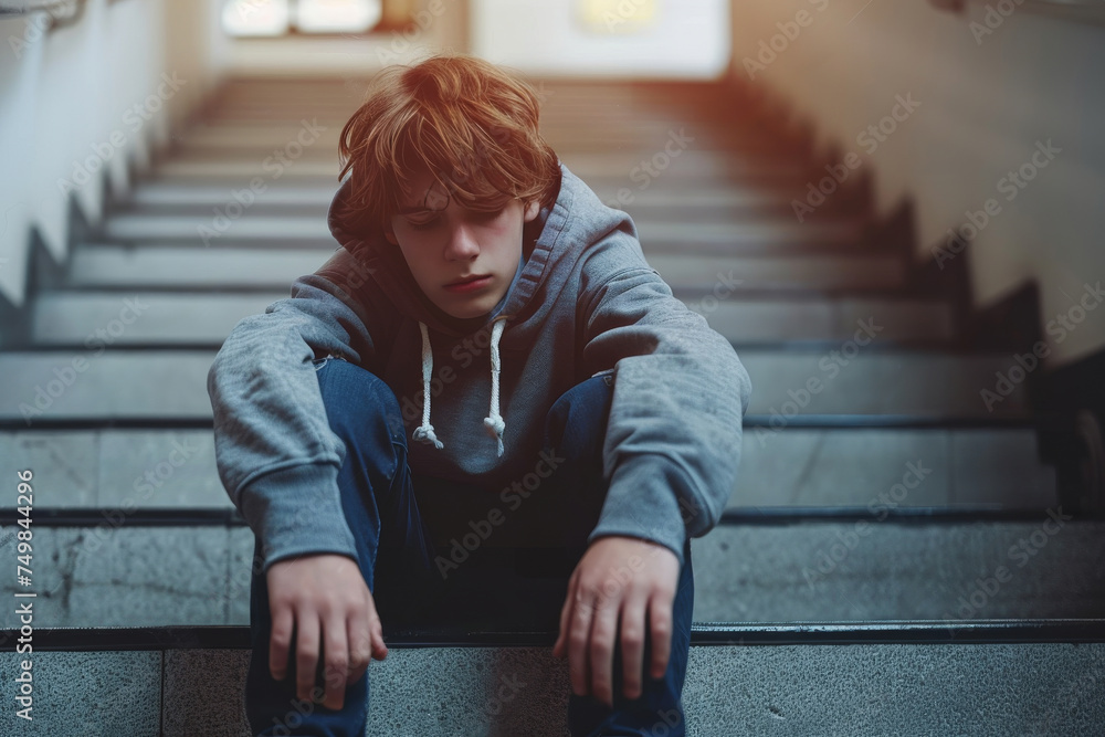 Wall mural Solitude at dusk, a young boy contemplation on staircase.