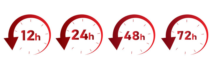 12, 24, 48, 72 hours clock arrow. symbol work time, delivery and service time, isolated red on white , Vector illustration