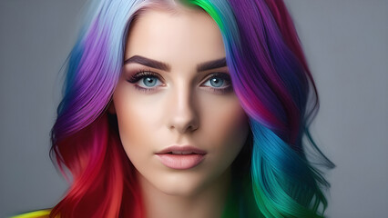 Fototapeta premium Girl with rainbow neon hair.