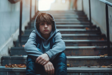 Solitude at dusk, a young boy contemplation on staircase. - obrazy, fototapety, plakaty