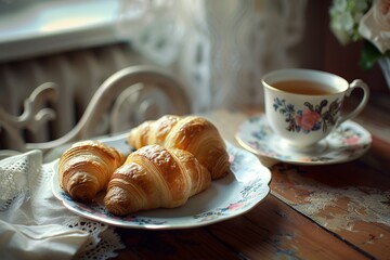fresh croissant with a cup of tea