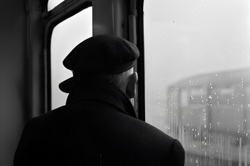 black and white photo, man who stares out the window with no face
 - obrazy, fototapety, plakaty