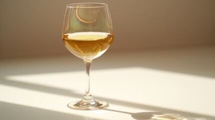 a glass of wine sitting on a table with a shadow of the wine glass on the table and a shadow of the wine glass on the table.