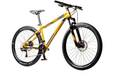 Fototapeta na wymiar Yellow Mountain Bike. A bright yellow bike stand against a clean white background. The bikes frame tires handlebars and pedals are clearly visible showcasing its vibrant color and rugged design.