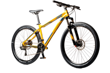 Yellow Mountain Bike. A bright yellow bike stand against a clean white background. The bikes frame tires handlebars and pedals are clearly visible showcasing its vibrant color and rugged design.