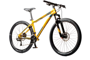 Photo sur Plexiglas Monts Huang Yellow Mountain Bike. A bright yellow bike stand against a clean white background. The bikes frame tires handlebars and pedals are clearly visible showcasing its vibrant color and rugged design.