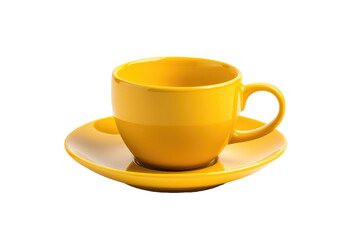 Yellow Cup and Saucer. A yellow cup and saucer placed on a clean white background. The cup is bright yellow in color with a matching saucer underneath. on White or PNG Transparent Background.