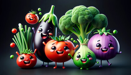 The image is a 3D widescreen illustration that showcases a collection of cheerful and smiling vegetable characters, including a tomato, eggplant, broccoli, and more. This is an AI-generated image.