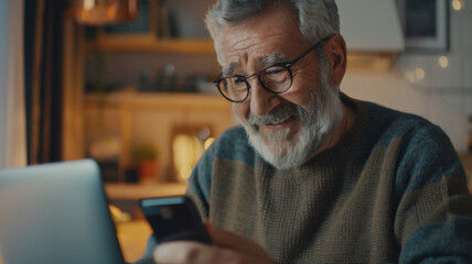 Senior man smiling contentedly while using technology, bridging the digital divide.