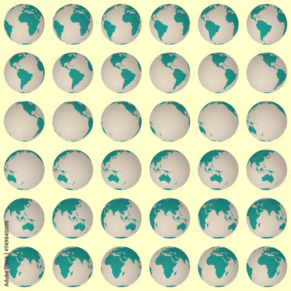 Poster collection of planet globes. normal sphere view. rotation step 10 degrees. solid color style. world 
