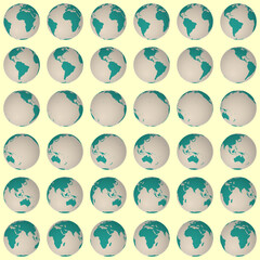 Collection of planet globes. Normal sphere view. Rotation step 10 degrees. Solid color style. World map with dense graticule lines on warm background. Incredible vector illustration.