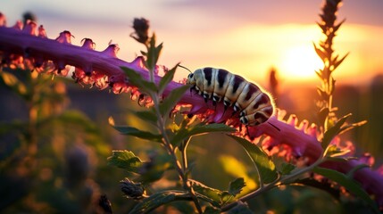 Close-up of a caterpillar on a pink flower during a mild sunset. Nature, Landscape, Golden Hour,...
