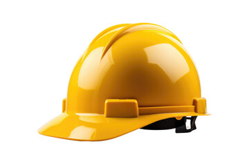 Fototapeta premium Yellow Hard Hat. A bright yellow hard hat is placed on a clean white background. The hard hat is a standard safety equipment used on construction sites to protect workers from head injuries.