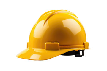 Yellow Hard Hat. A bright yellow hard hat is placed on a clean white background. The hard hat is a standard safety equipment used on construction sites to protect workers from head injuries.