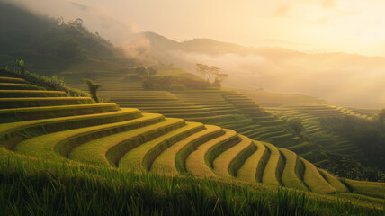 Golden morning light bathes terraced rice fields in a misty, ethereal glow.