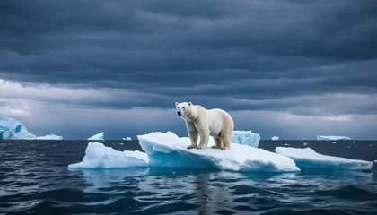 Fotobehang a polar bear standing on an iceberg in the ocean under a cloudy sky with dark clouds above it © HyunSang