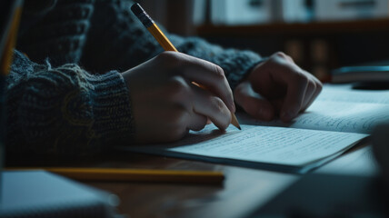 Low-lit study moment captures the dedication of pen on paper writing. - obrazy, fototapety, plakaty