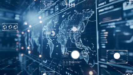 Advanced global data network interface with dynamic charts and world map, Cybersecurity data analytics interface with world connectivity.