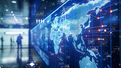 Obraz premium Advanced global data network interface with dynamic charts and world map, Cybersecurity data analytics interface with world connectivity.