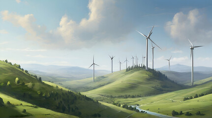 Situated above verdant hills are wind turbines.Generative Ai.
 - obrazy, fototapety, plakaty