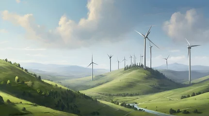 Foto op Plexiglas Situated above verdant hills are wind turbines.Generative Ai.  © ARSHAD