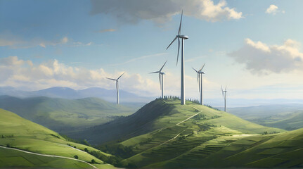 Situated above verdant hills are wind turbines.Generative Ai.
