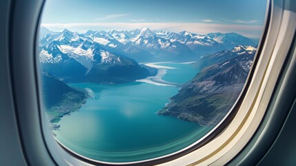 Fototapeta premium A breathtaking vista of alpine peaks and a glacial lake unfolds from an airplane window, capturing the grandeur of nature's artistry from a soaring vantage point.