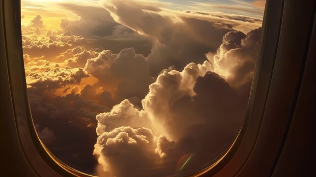 The golden hour paints an ethereal scene through an airplane window, with cumulus clouds towering amidst a radiant sunset. A passenger's journey is awash with the fleeting beauty of nature's canvas.