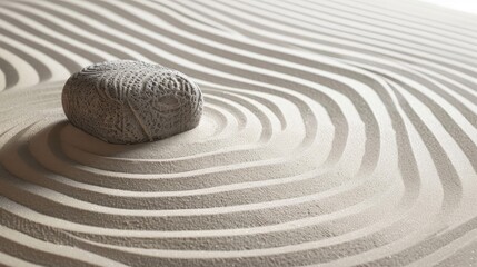 Fototapeta na wymiar A single zen stone centered on meticulously raked sand, creating a harmonious pattern symbolizing tranquility and balance.