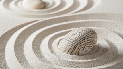 Fototapeta na wymiar Patterned zen stone lies within the precise concentric sand waves of a peaceful Japanese rock garden, evoking mindfulness.