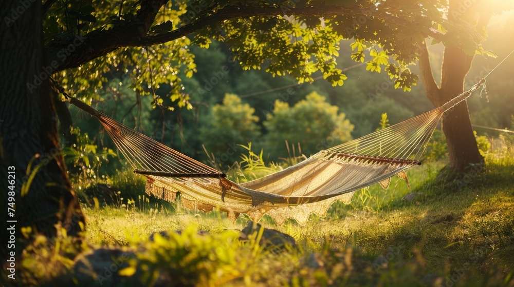 Poster an inviting hammock hangs between two trees in a tranquil forest clearing, bathed in the golden ligh
