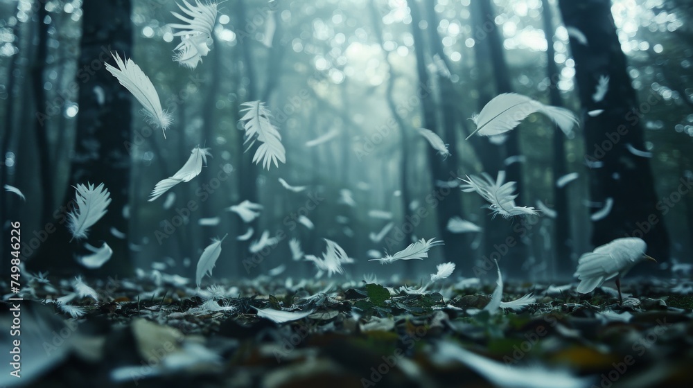 Poster whimsical white feathers float through a mystical forest, creating an ethereal scene with a hazy, ma