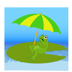 Grenouille assise sur une feuille de nénuphar sous un parasol avec fond de ciel en dégradé bleu
