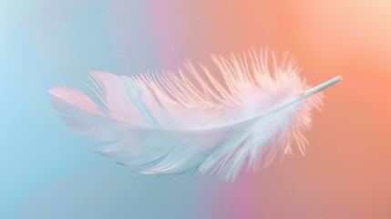 A delicate feather floats effortlessly against a soft pastel gradient background, evoking a sense of lightness and purity.