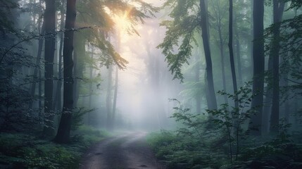A pathway leads through a misty forest, with the morning light creating an ethereal and mystical atmosphere among the towering trees.