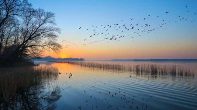 A serene sunrise scene unfolds with a flock of birds taking flight over a calm lake, the sky painted with soft hues of dawn.