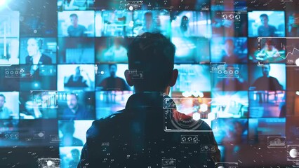 Back view of a business person analyzing interactive screens, network of global communications. - Powered by Adobe