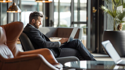 businessman sitting in modern office working on his laptop, business person working in office  - Powered by Adobe